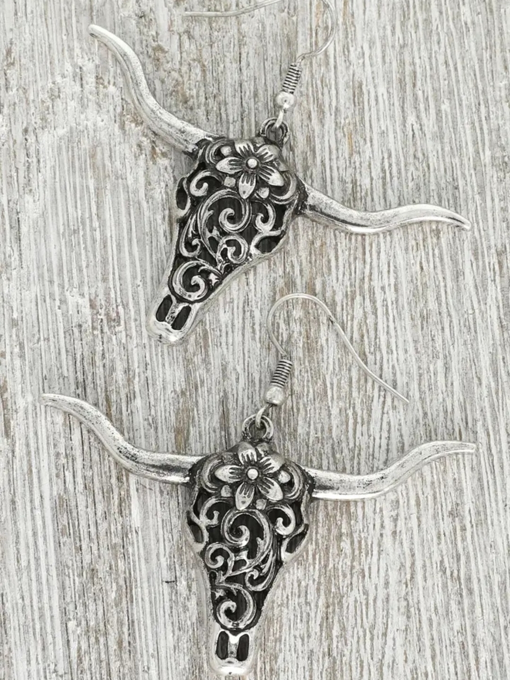 Silver-Tone Longhorn Floral Filigree Dangle Earrings - Women Jewelry
